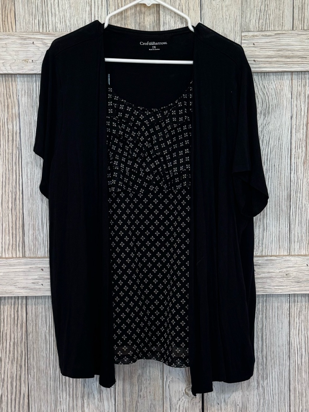 croft & barrow Black Layered Short-Sleeve Tunic with Patterned Panel